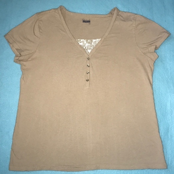 𝅺Basic Editions floral inset cotton short sleeve top size L - Picture 1 of 7